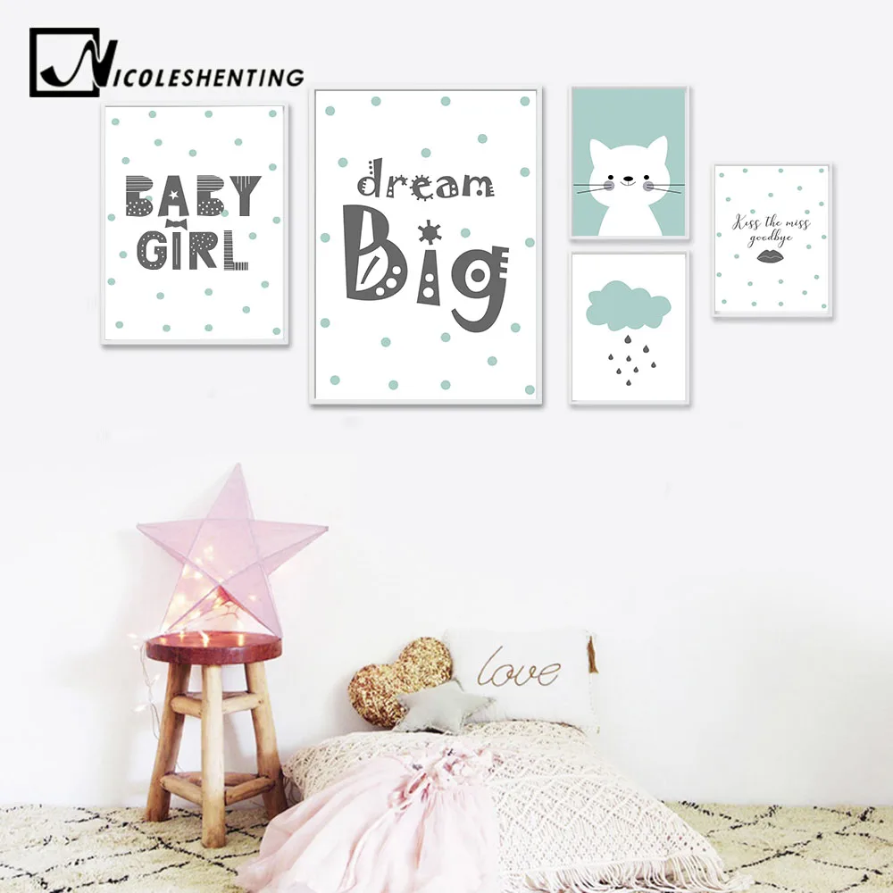

NICOLESHENTING Cartoon Art canvas Posters Dream Big Nursery Quote Prints Painting Wall Picture Nordic Kids Bedroom Decoration