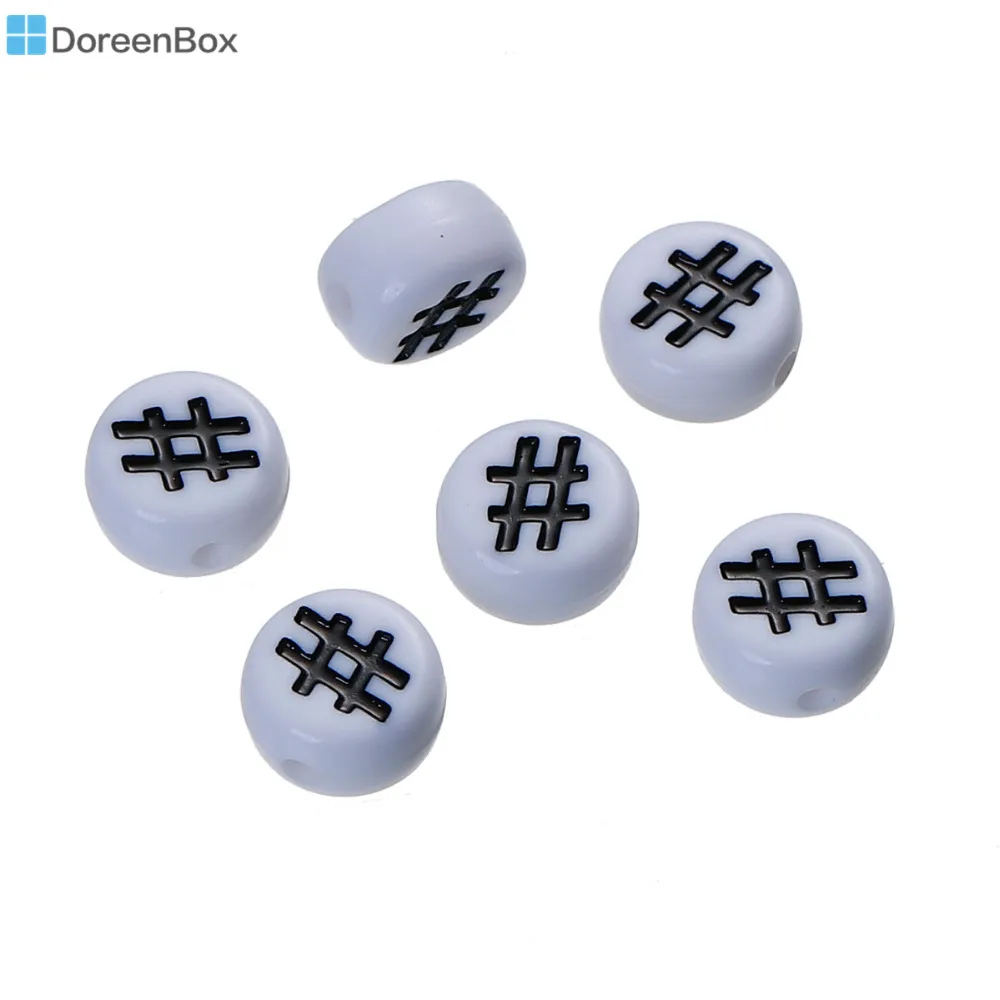 

Doreen Box Acrylic Spacer Beads Round White " # " Pattern Black Enamel About 7mm( 2/8") Dia, Hole: Approx 1.1mm, 300 PCs