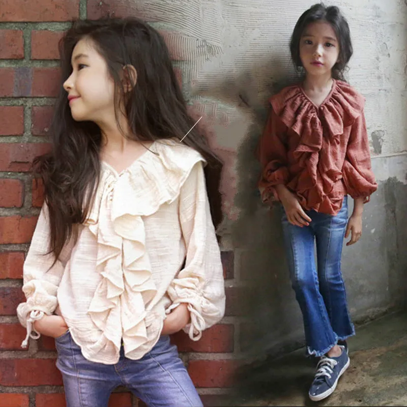 

Girls' 2018 spring dress lotus leaf collar cotton and linen long sleeve doll shirt children's paternity shirts