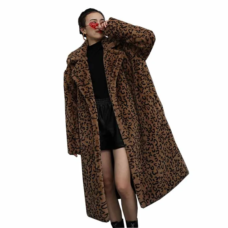 

Fashion Faux Rabbit hair Fur Coat Women Winter Leopard Fur Outerwear Thicken Warm X-Long Jackets Female Loose Casual Coats G267