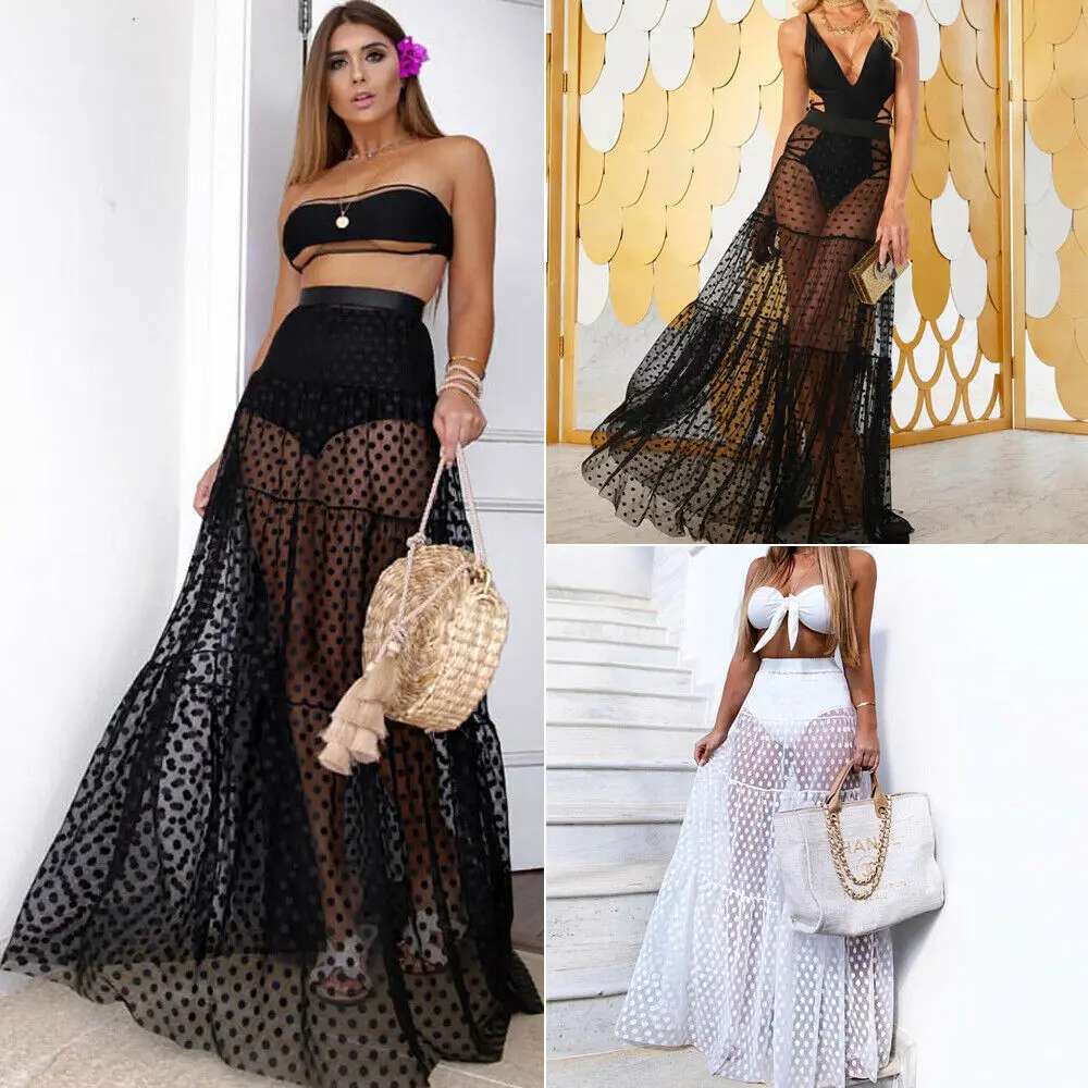 

Women Boho Maxi High Waist Sheer Skirt Retro Polka Dot Long Skirts Club Party Summer Beach Sundres