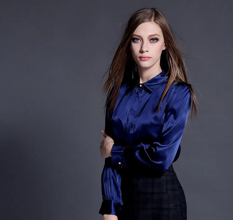 AYUNSUE женские модные блузки Весна 97% шелковая блузка женские рубашки с длинным рукавом Женские топы размера плюс 4XL blusas 15209AAA - Цвет: Royal Blue