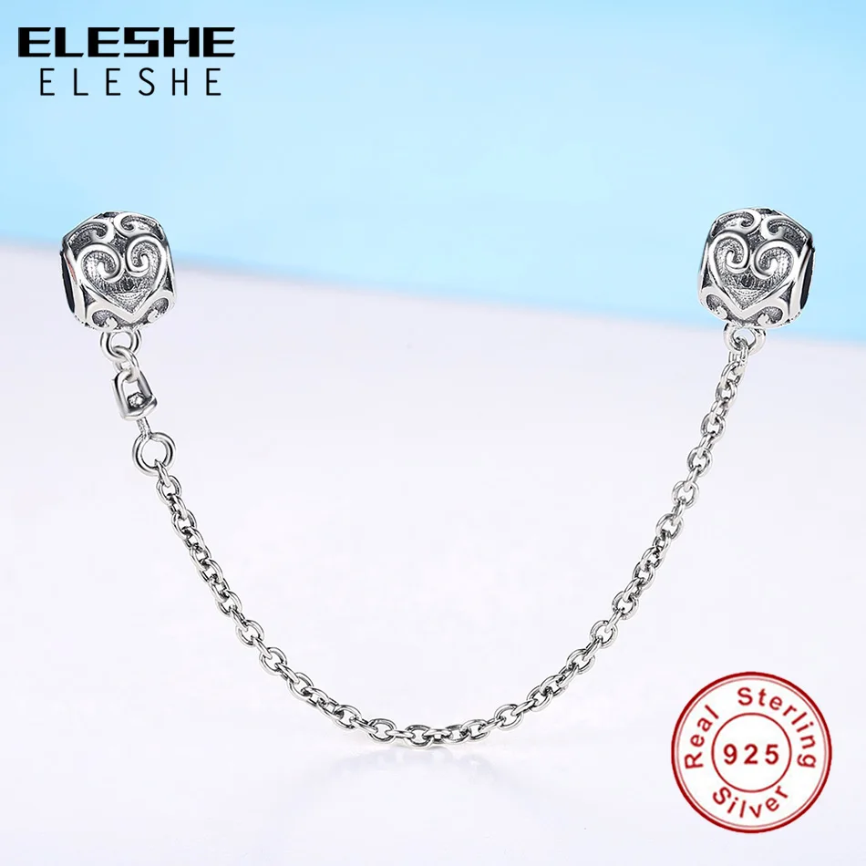 ELESHE 925 Sterling Silver Vintage Heart Safety Chain Stopper Bead Fit Original Bracelet Charms Silver 925 DIY Jewelry Making