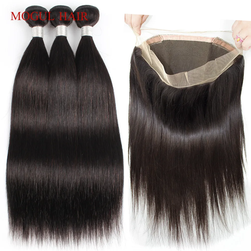 

MOGUL HAIR 2/3 Bundles with 360 Pre-Plucked Lace Frontal with Bundle Natural Dark Brown Color 2 Indian Remy Straight Human Hair