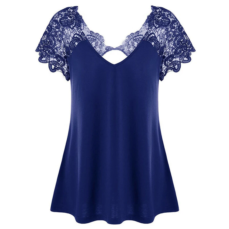 Women's Blouse 2019 Summer Oversized Short Sleeve Loose Shirt Ladies V-Neck Lace Patchwork Casual Tops Tunic Shirt Femme Blusas