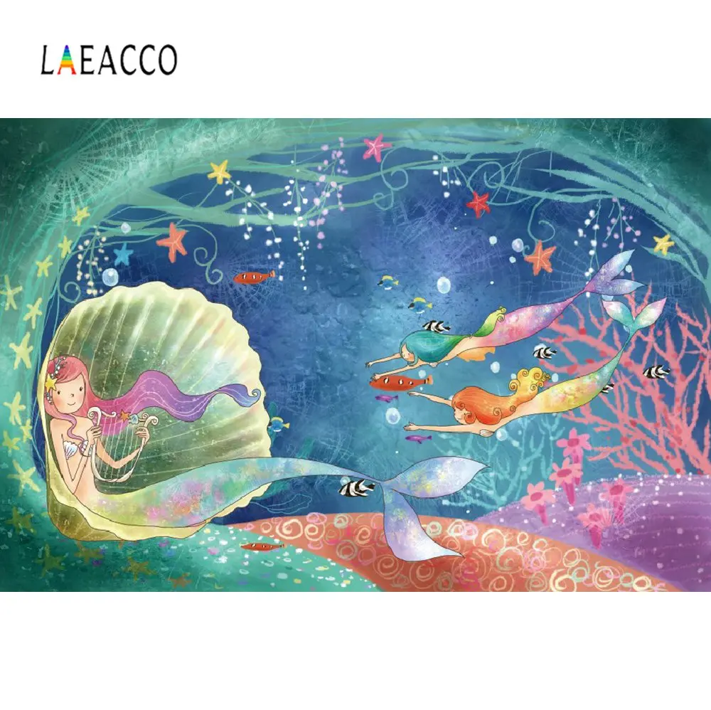 

Laeacco Mermaid Backdrop For Photography Birthday Party Shell Coral Baby Poster Portrait Photo Background Photocall Photo Studio