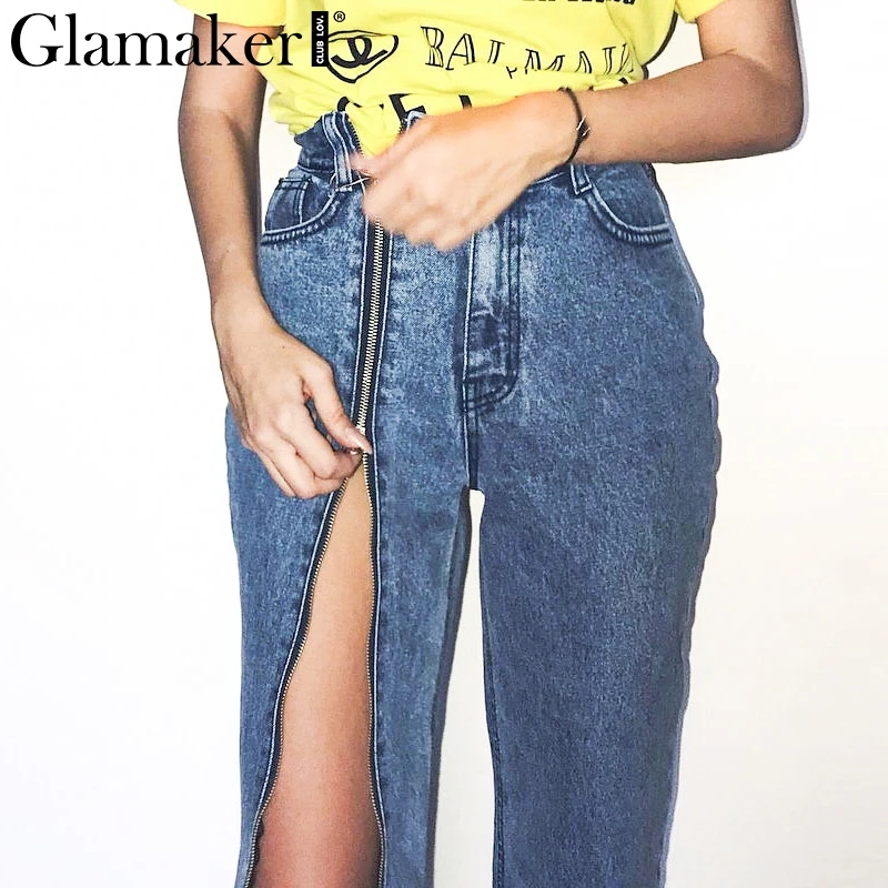 Glamaker Sexy zipper denim jeans Women high waist casual fitness blue jeans Female winter streetwear straight denim pants bottom Glamaker Sexy zipper denim jeans Women high waist casual fitness blue jeans Female winter streetwear straight denim pants bottom
