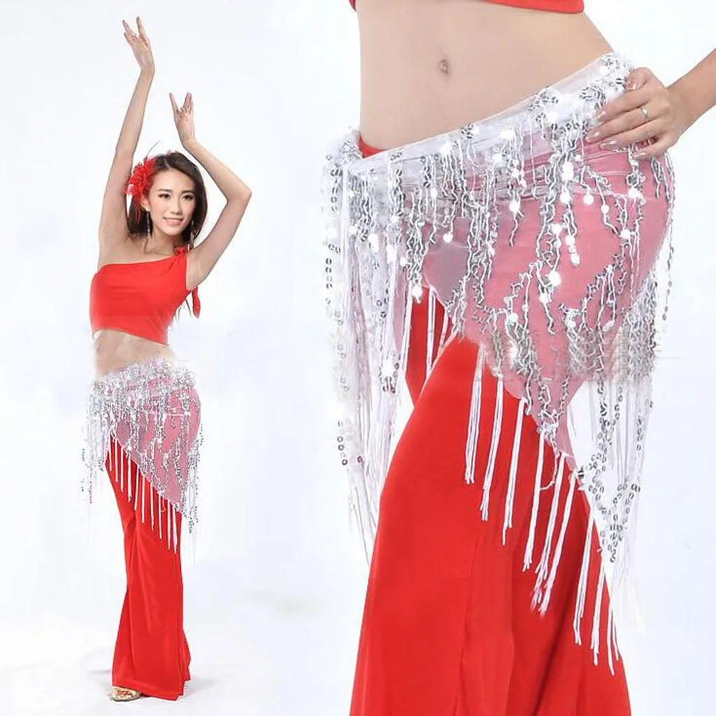 Fashion Women Belly Dance Hip Scarves Shiny Sequins with Tassel White Stage Performance Skirt Festival Clothing