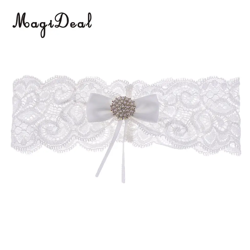 MagiDeal Romantic Wedding Bridal Lace Garter Pearls Rhinestone Bow Garter White