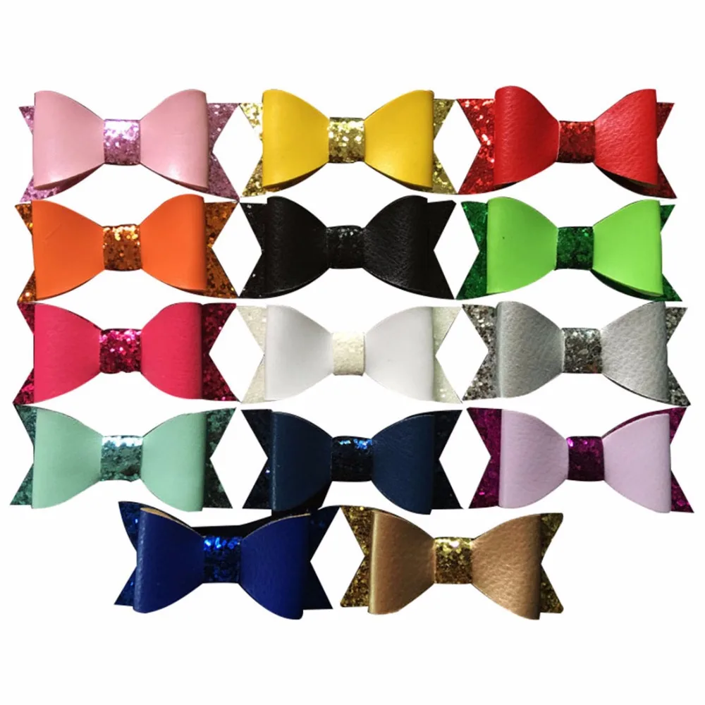 Glitter Leather Hair Bows With Clips Faux Leather bows Hair Clips Girl