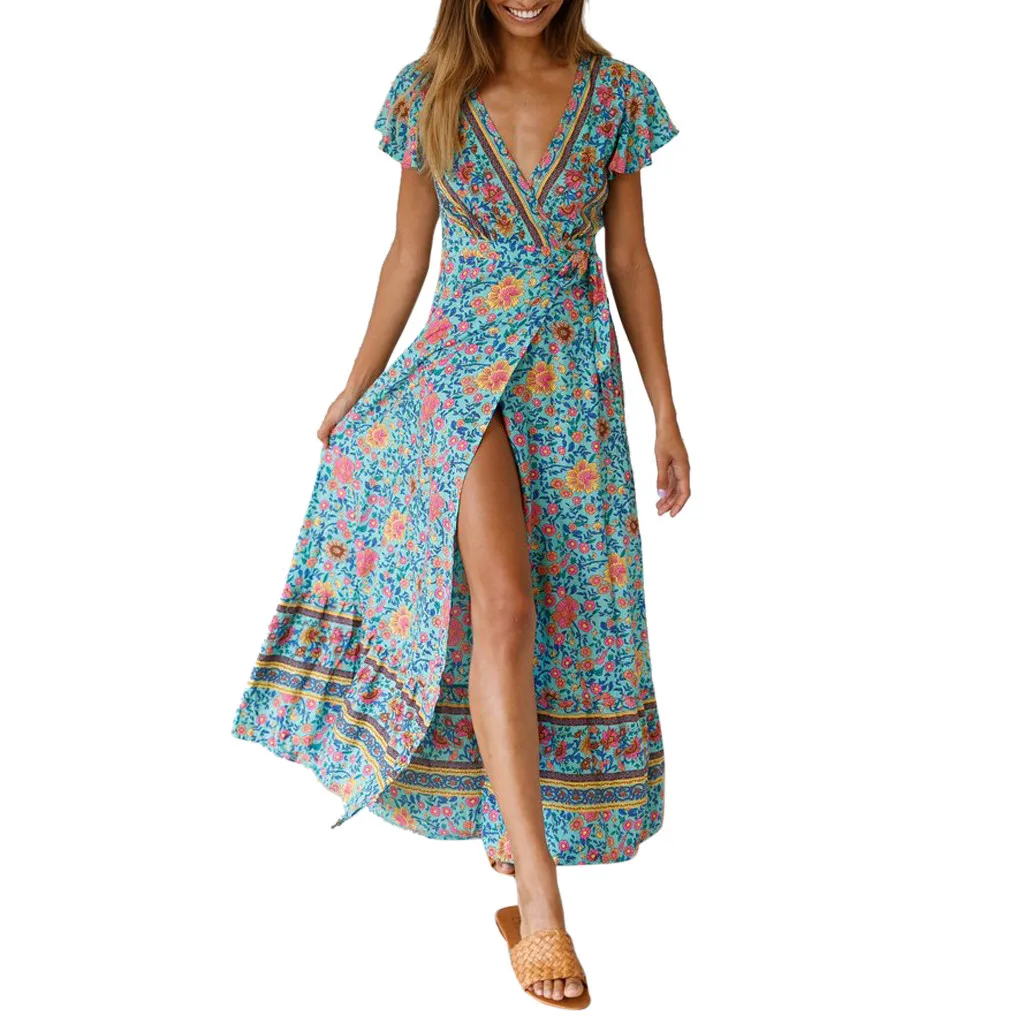 

Summer dress Womens Boho V-Neck Floral Summer Party Evening Beach Long Dress Sundress