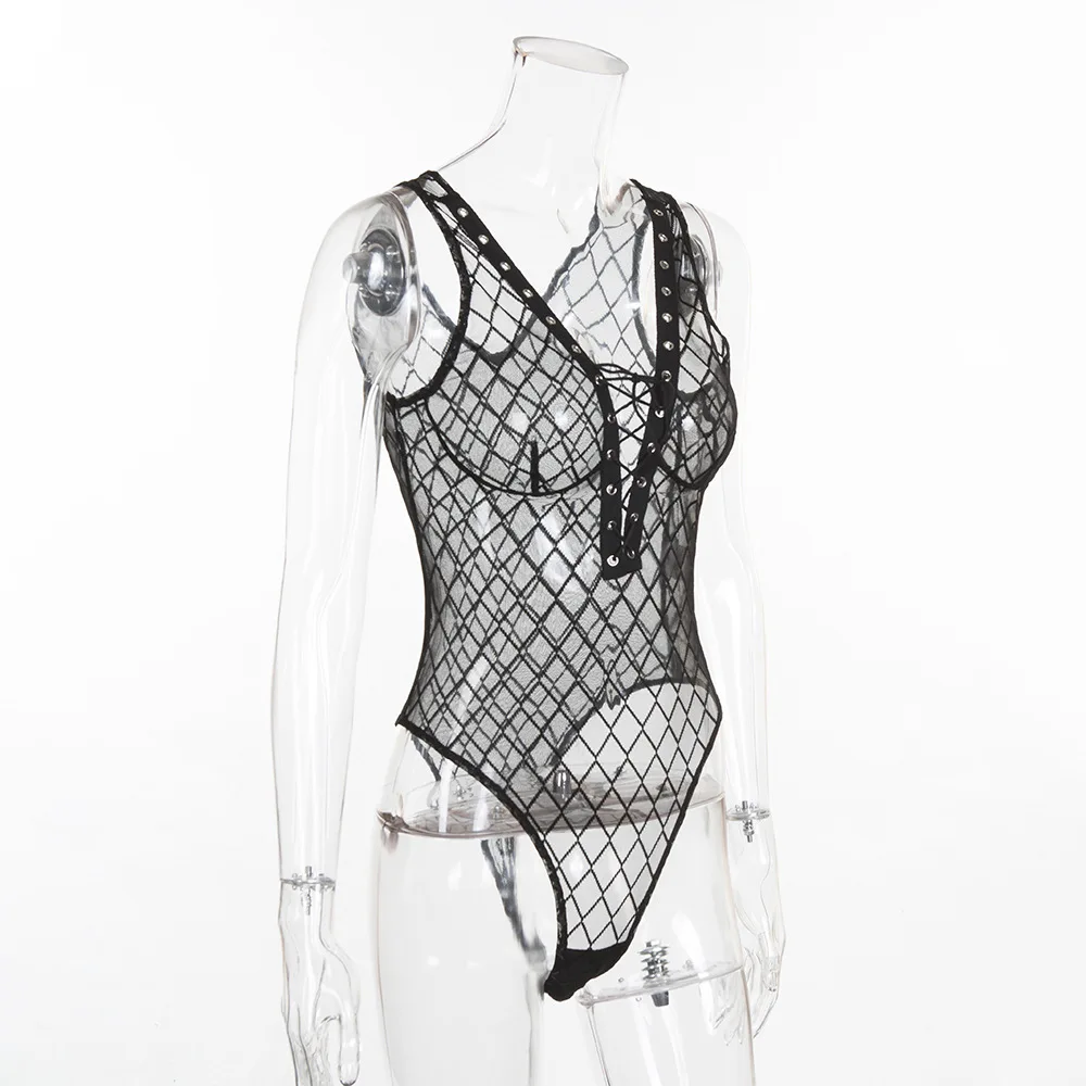 Сексуальная See Through Mesh Для женщин на шнуровке боди Топы комбинезон с v образным
