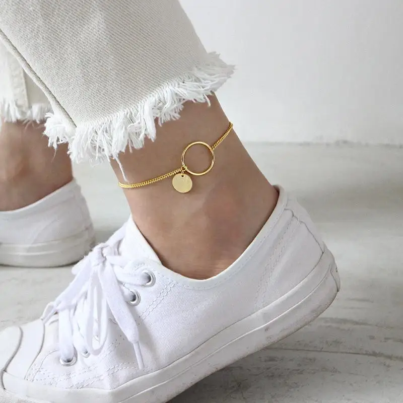 Flyleaf Geometric Round Circle Gold Real 925 Sterling Silver Anklets For Women Fashion Girl Ankle Leg Fine Jewelry Enkelbandje - Color: Gold