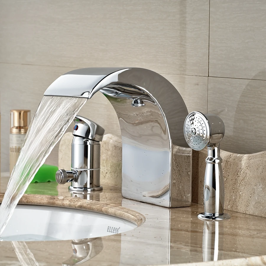 Wholesale And Retail Promotion Polished Chrome Brass Waterfall Bathroom Tub Faucet 3 Holes Vessel Sink Mixer