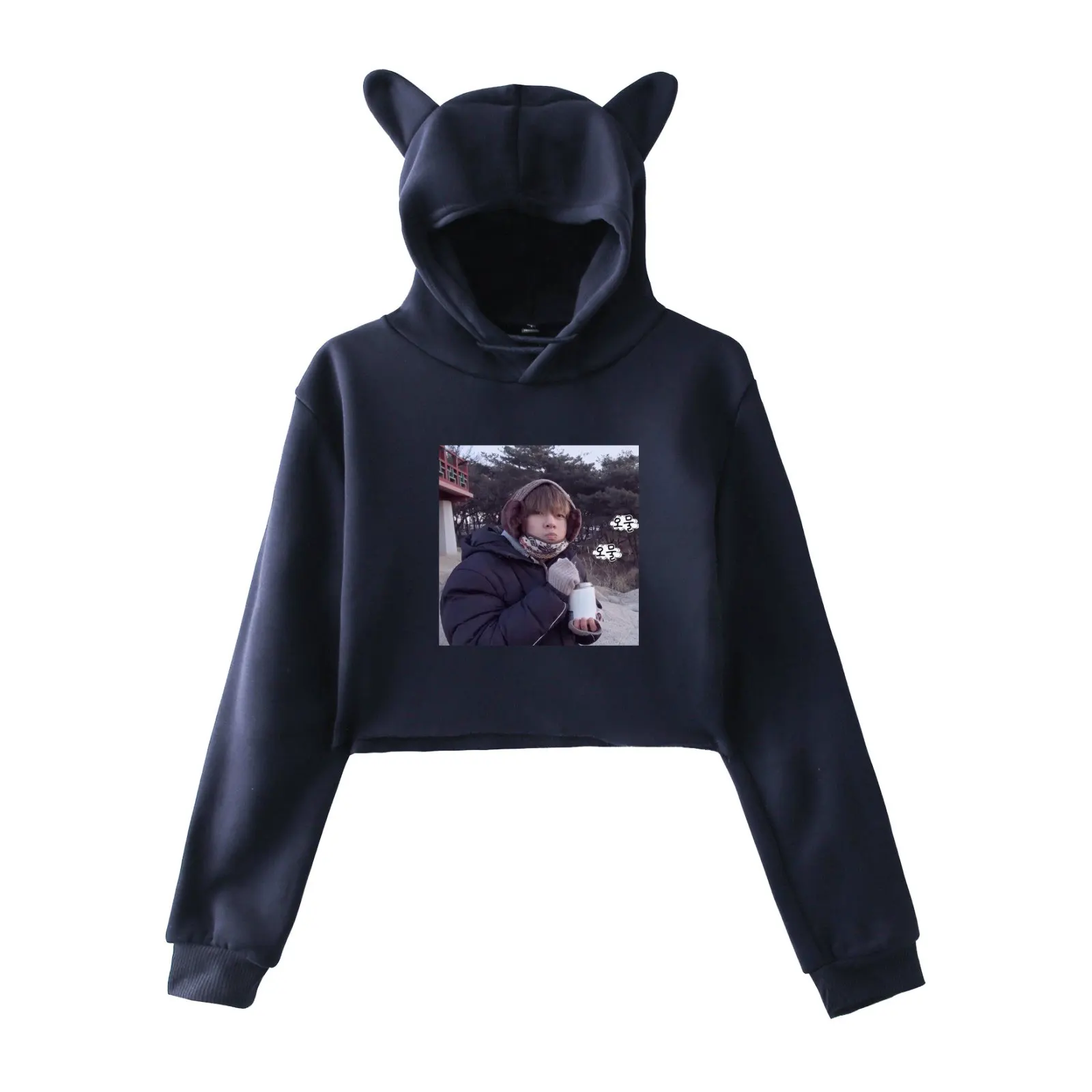

DF LUCKYFRIDAYF 2019 Korean Kpop V Fans Print Women Funny Cat Crop Top Sexy Hoodie Sweatshirt Fashion Cool Hip Hop Hoodie Print