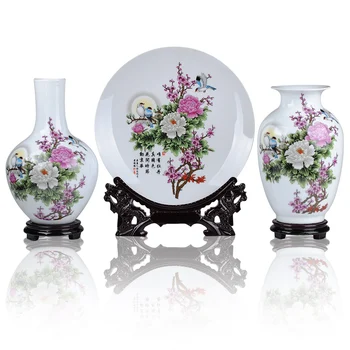 

Jingdezhen ceramics pastel peony three piece vase plate modern fashion decoration decoration Home Furnishing