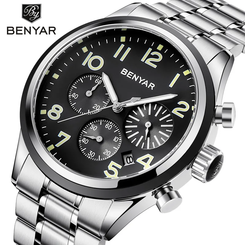 

2018 BENYAR Top Brand Sport Quartz Military Man Clock Stainless Steel Waterproof Chronograph Luxury Male Watch Relogio Masculino