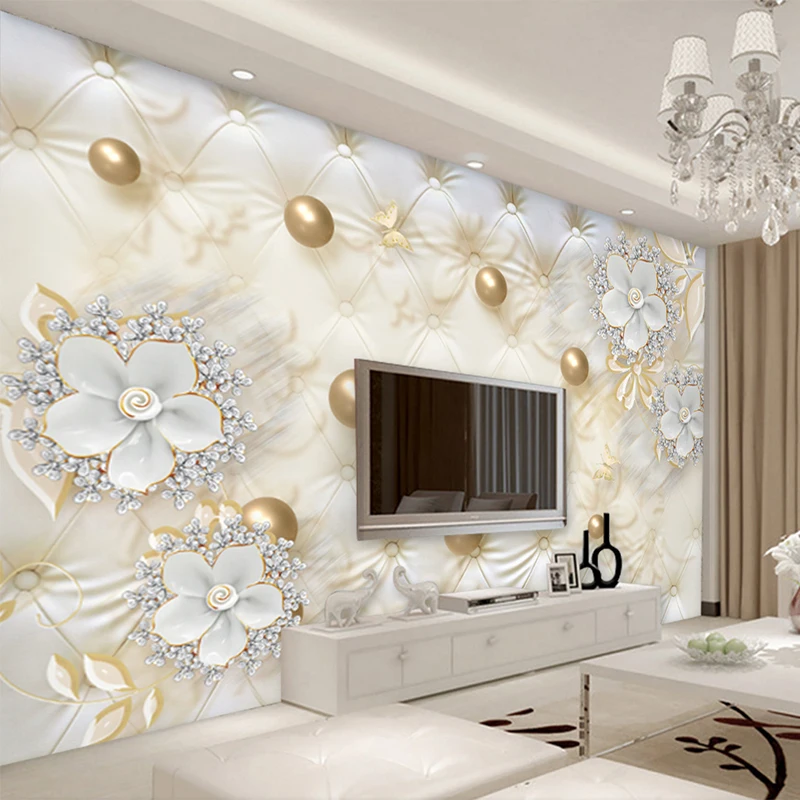 Custom Photo Wallpaper 3D Stereo White Flowers Golden Ball Murals European Style Living Room TV Sofa Background Wall Cloth Decor afbeelding