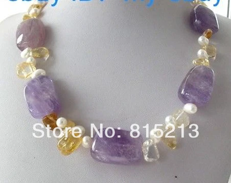 

ddh001274 White Rice Pearl&Square Amethyst&Chips Citrine Necklace 14K GP 19