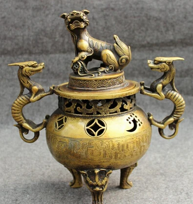 

010" Tibet Bronze Buddhist Fu Dog Lion PiXiu Statue Unicorn Incense Burner Censer