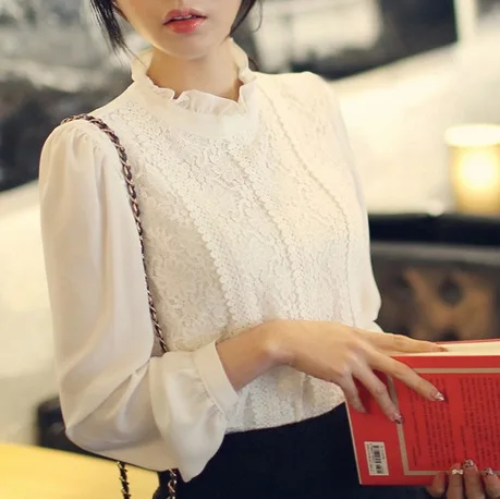 Online 2015 Donne Crochet Camicetta di Pizzo Camicia In Chiffon Bianco Nero di Base Delle Signore Della Camicia Del Collare Del Basamento Ruffles Blusas Femininas S0377
