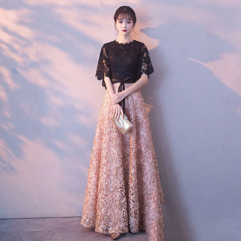 

New Arrival Lace Applique Beading Half Sleeves Evening Dress Sheer Scoop Neck Chiffon Gowns Floor Length robe de soiree