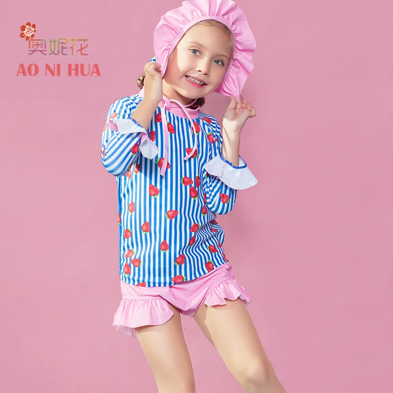 

AONIHUA 3pcs Sweet Ruffles Strawberry Two-piece Swimsuit Girls 2017 Designer Brand Print Children baby Kids Long sleeve swimwear