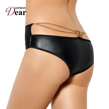 

PJ5062 Comeondear Women Panties Good Quality Plus Size Womens Underwear Black Gold Chain Faux Leather Sexy Panties For Women