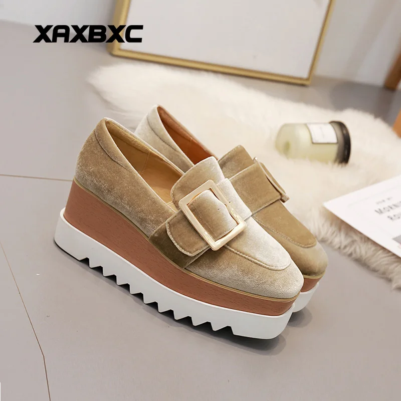 

XAXBXC 2018 Winter Pleuch Flock Suede Rabbit Fur Buckle Platform Wedges Women Shoes Handmade Party Casual Lady Mujer Femme Shoes
