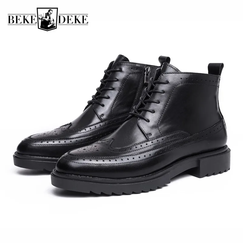 

Vintage Mens Brogue Thick Platform Ankle Boots Italy Designer Med Heels Real Cow Leather High Top Office Man Work Safety Shoes