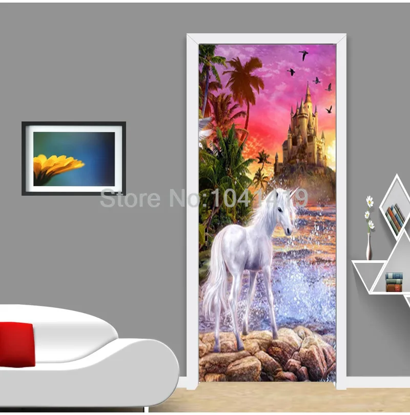 Фотообои 3D стерео замок Белая лошадь фрески детская спальня гостиная Дверь Наклейка ПВХ водостойкая самоклеющаяся наклейка s