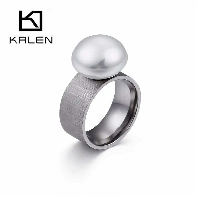 Stainless Steel Rings: KALEN Fashion Stainless Steel Rings for Women Gold Color Black Imitation Pearl Charm