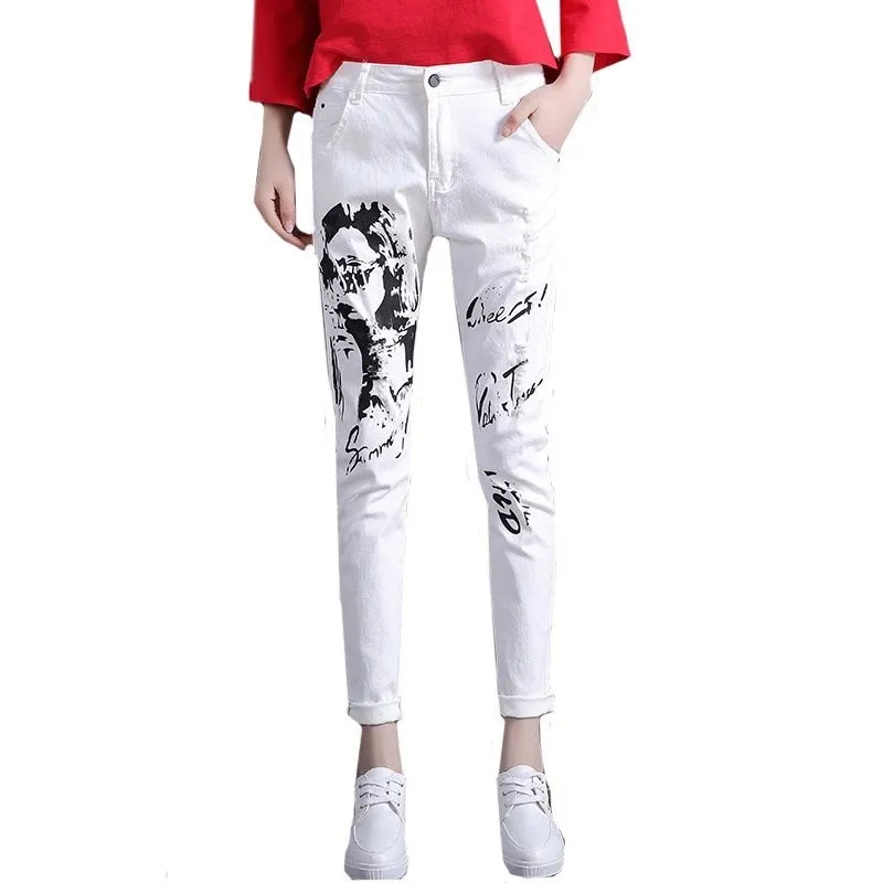 Летние белые джинсы женские эластичные с низкой талией узкие джинсы с принтом