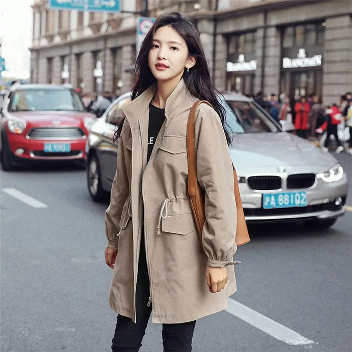 Новинка, ветровка на молнии, Женская длинная куртка в Корейском стиле, свободная повседневная куртка, весенне-осеннее однотонное пальто с воротником-стойкой, f981