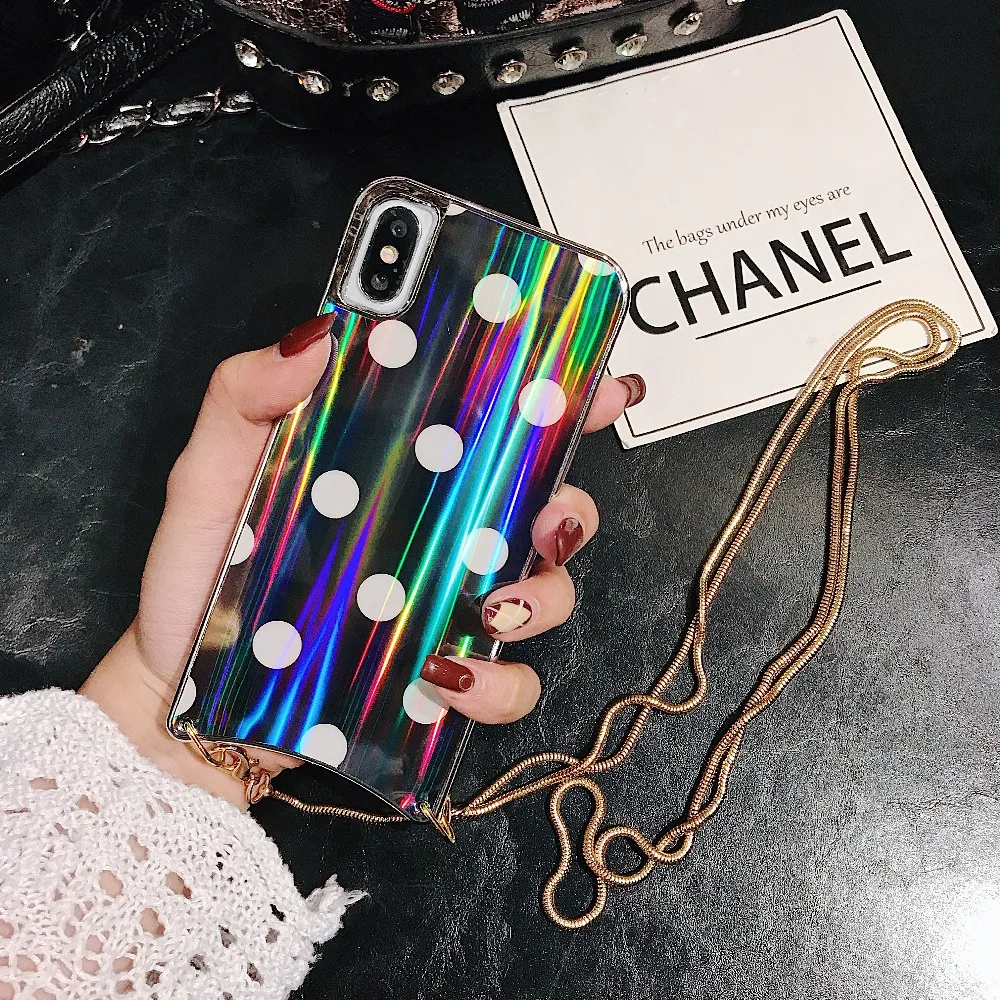 Girly Case For iPhone Xr X Xs Max Cover Korean Aurora Gradient Color Dot Skin Bag Cases For iPhone 7 8 Plus 6S Case + Long Chain (8)