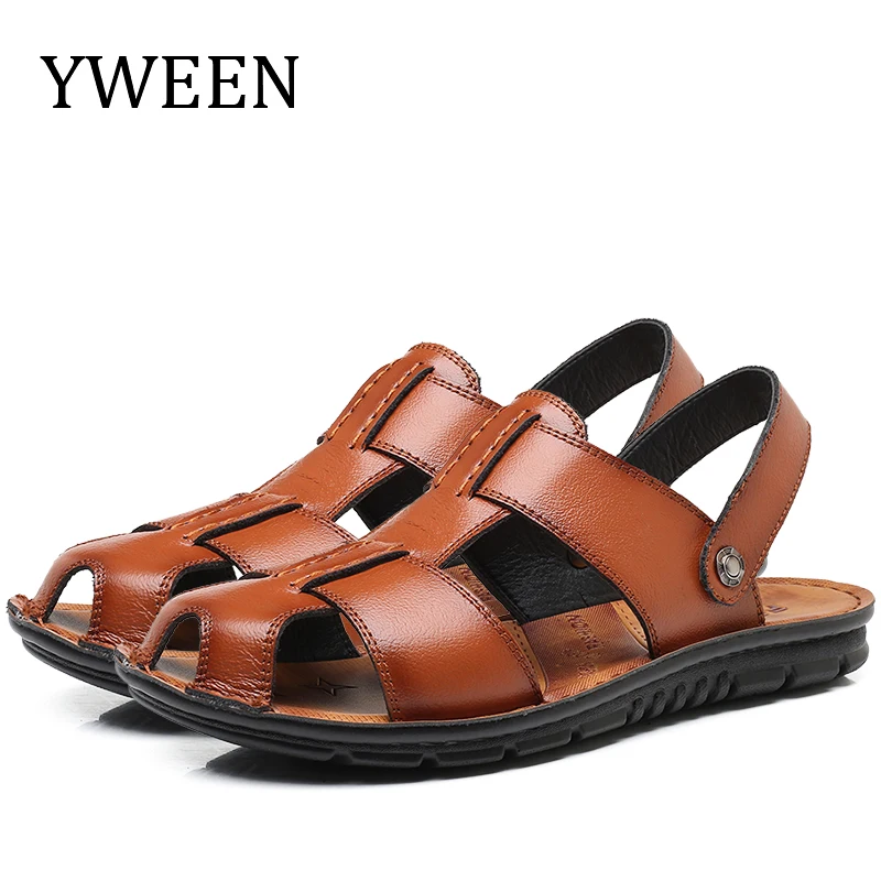 

YWEEN Men's Leather Sandals Men Anti-Slip Beach Shoes Man Slippers Big Size 38-47