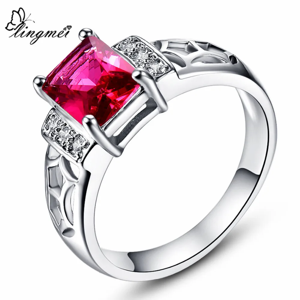 

lingmei Fashion Wedding Ring Pink Red Blue Rainbow Multicolor Cubiz Zirconia White Gold Color Ring Size 6 7 8 9 10 JEWELRY