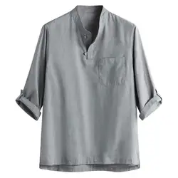 Мужская летняя рубашка, новый стиль, модная, из чистого хлопка и конопли, семицентная блузка, топ, рубашка Camisa hombre, однотонная уличная одежда