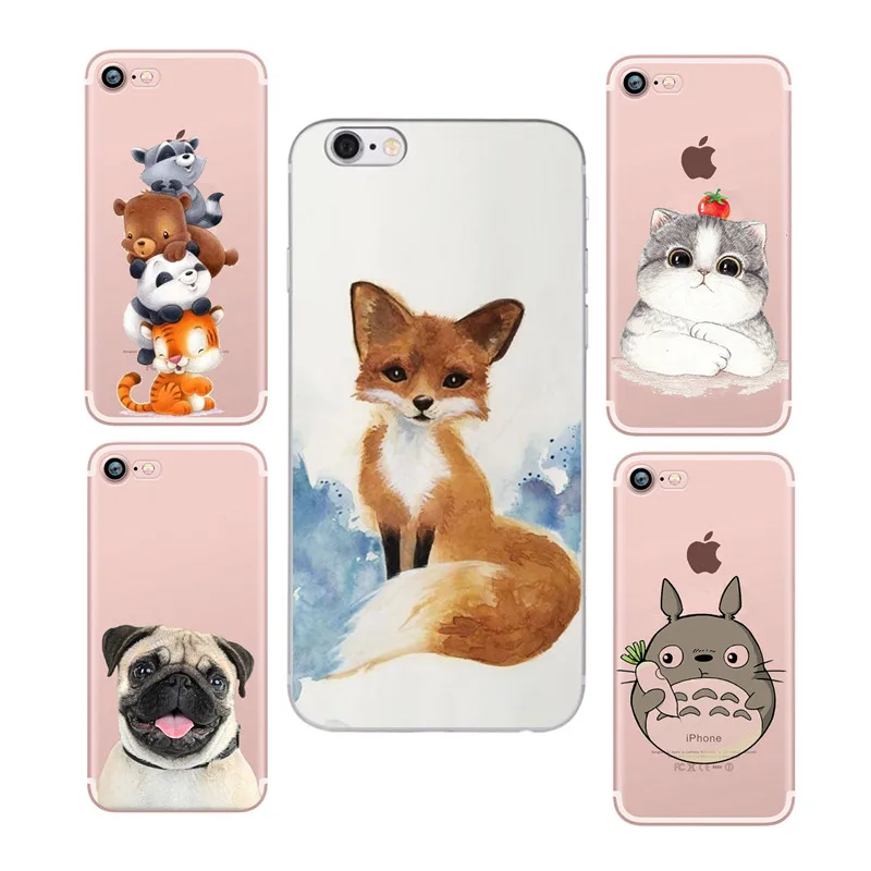 

FOX Case For iPhone 6 6S 7 8 X 8 Plus 5 5S SE Cute Cartoon Panda Fox Cat Dog Silicone Back Cover Funda Coque