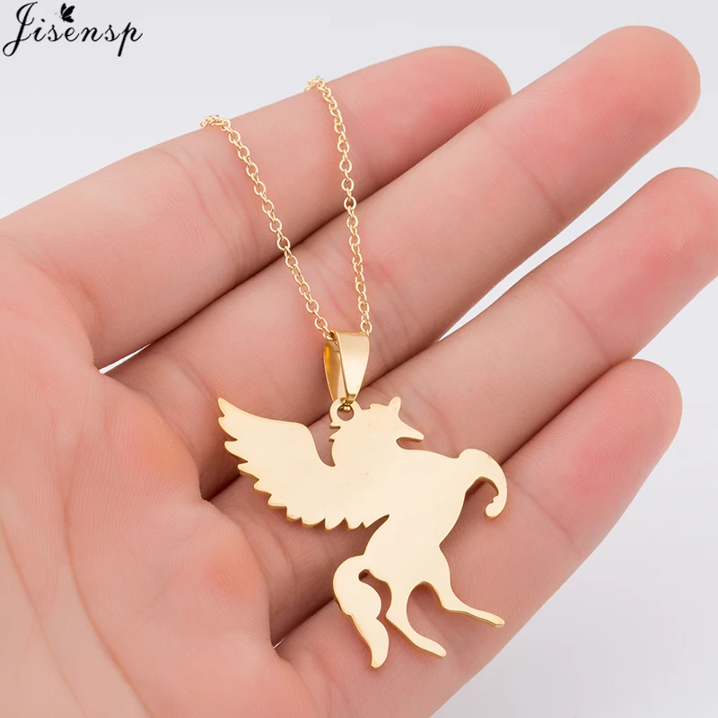 Jisensp New Women Jewelry Vintage Silver Cool Horse with Wing Pendant Long Necklace Men Gift Animal Unicorn Necklace Collares