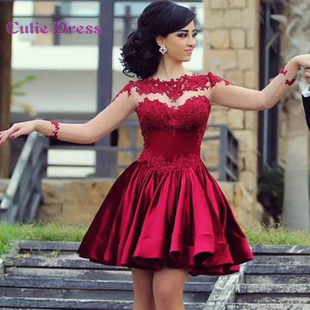 Satén rojo vestidos coctel Sheer de larga vestido de coctel atractivo 2015 Appliqued - AliExpress Mobile