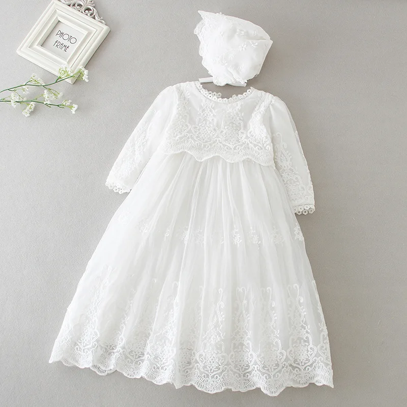 Платье на крестины для маленьких девочек; белое платье для крещения; длинное платье; шляпа; платье из тюля с бисером для новорожденных; длинное кружевное платье с вышивкой
