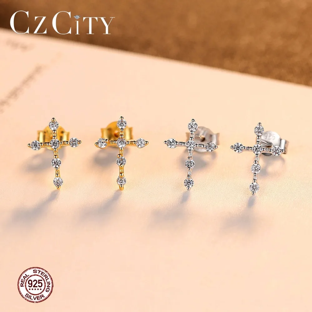 CZCITY Новые сверкающие крошечные циркониевые гвоздик в форме Креста серьги для женщин простые серьги 925 стерлингового серебра ювелирные изделия для свиданий носить Bijoux