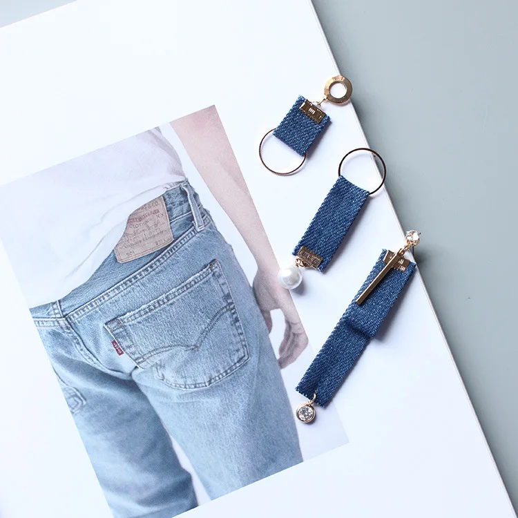 

Handsome denim fabric earrings zircon inlaid earrings long section personalized design earrings