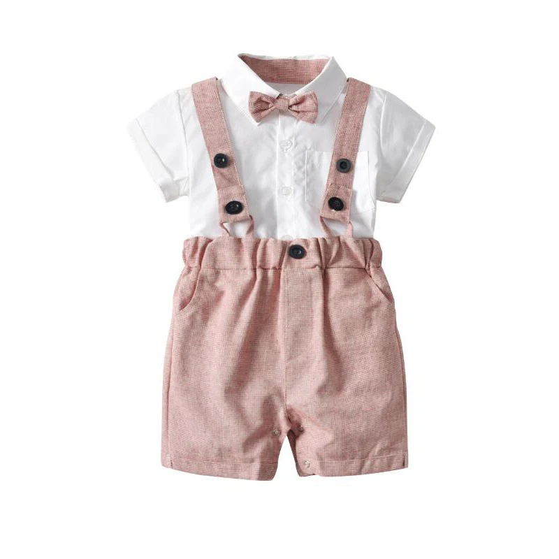 

Summer 2019 Baby Set Boys Suit Kids Wedding Party Clothing Toddler Infant Shorts Boys Costumes Bow tie White tshirt + Bib Short