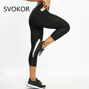 

SVOKOR Fashion Side Pocket Phone Leggings Women Splice Black Fitness Slim Cropped Pants Pure Color High Waist Women Leggings