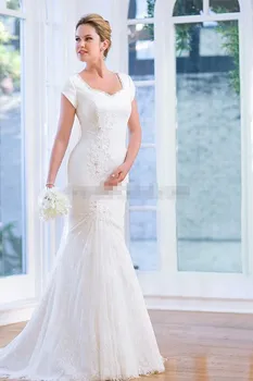 

New White Mermaid Long Court Train Modest Cap Sleeves Beading Lace Women Church Wedding Dresses Gowns With Short Sleeves