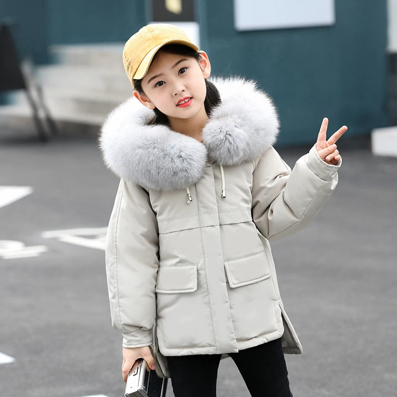 

Children Girl Down Coat Jacket Winter Thick Warm Coat Fur Hooded Kids Outerwear Clothing For 4-12T Color Black / Red / Pink