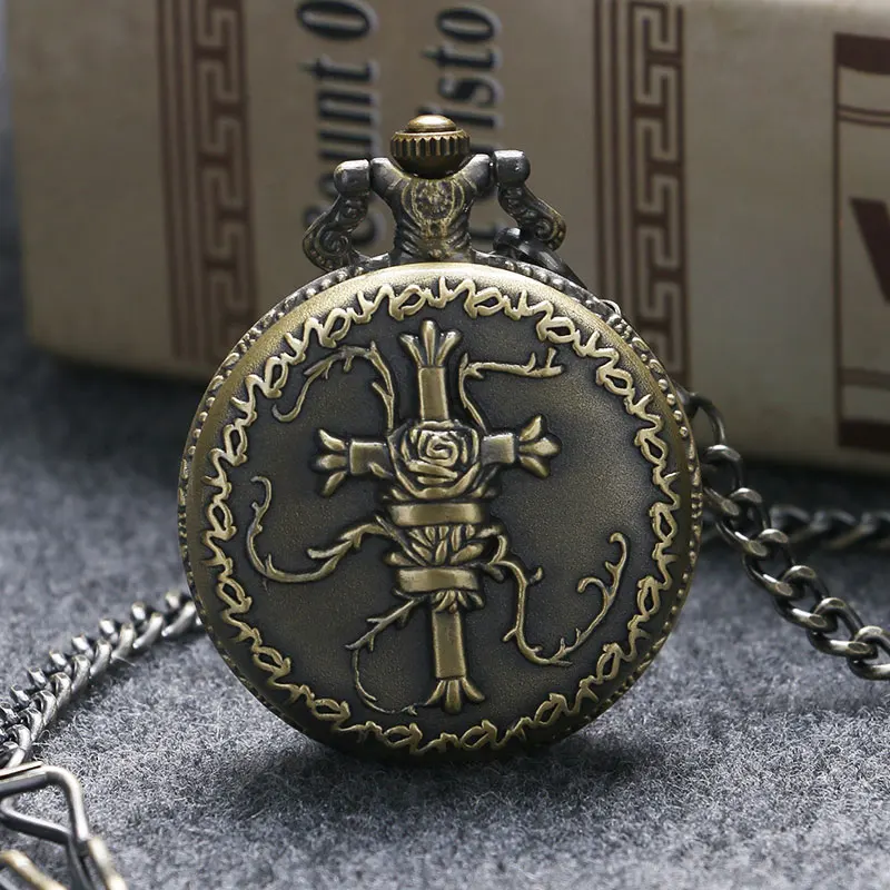 

New Arrival Bronze 3d Cross Design Quartz Pocket Watch With Chain Gift To Men Women