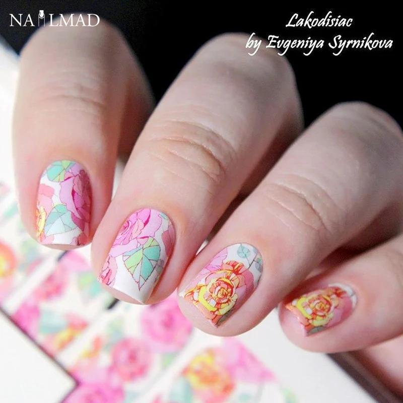 14pcs/Sheet Floral Nail Wraps Pink Roses Nail Art Full Stickers Nail